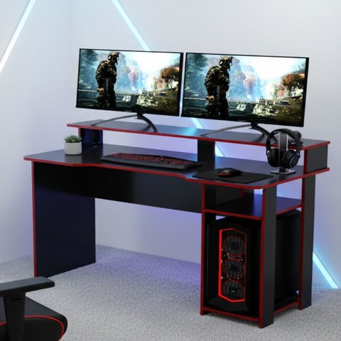 Mesa Gamer Escrivaninha com Porta CPU 136cm Preto E Vermelho