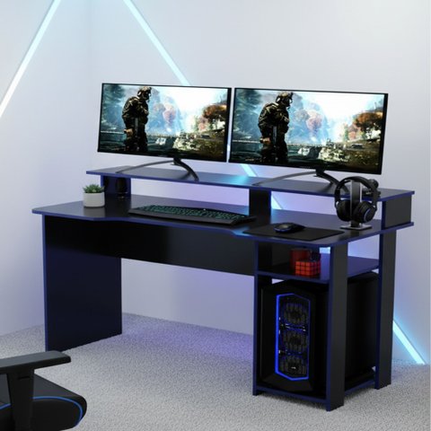 Mesa Gamer Escrivaninha com Porta CPU 136cm Preto E Azul