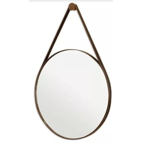 Espelho Redondo Adnet 45cm Moldura e Alça Couro Café + Suporte