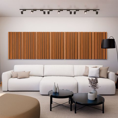 Painel Acústico Absorvedor Decorativo Parallax Ripado Horizon Crepe Maestra Acústica:freijó/cinza