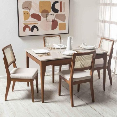 Conjunto de Jantar Mesa 1,35 c/Vidro Addar 4 Cadeiras Saga - Linho Off White - Linked 02