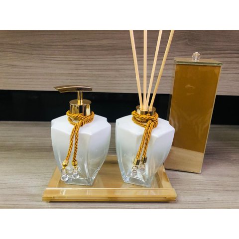 Kit Banheiro Dourado Aromatizador Porta Sabonete Luxo Casa