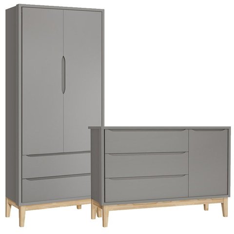 Jogo de Quarto Classic Guarda Roupa 2 Portas e Cômoda Cinza Fosco com Pés Madeira Natural - Reller M