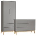 Ver imagem 1 de Jogo de Quarto Classic Guarda Roupa 2 Portas e Cômoda Cinza Fosco com Pés Madeira Natural - Reller M