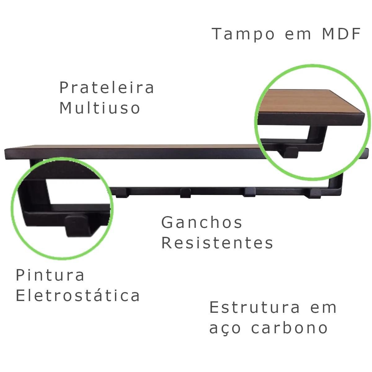 Arara Cabideiro de Parede Industrial Aço e Mdf Preto