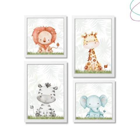 Quadro Decorativo Infantil Safari Animais da Floresta:branca