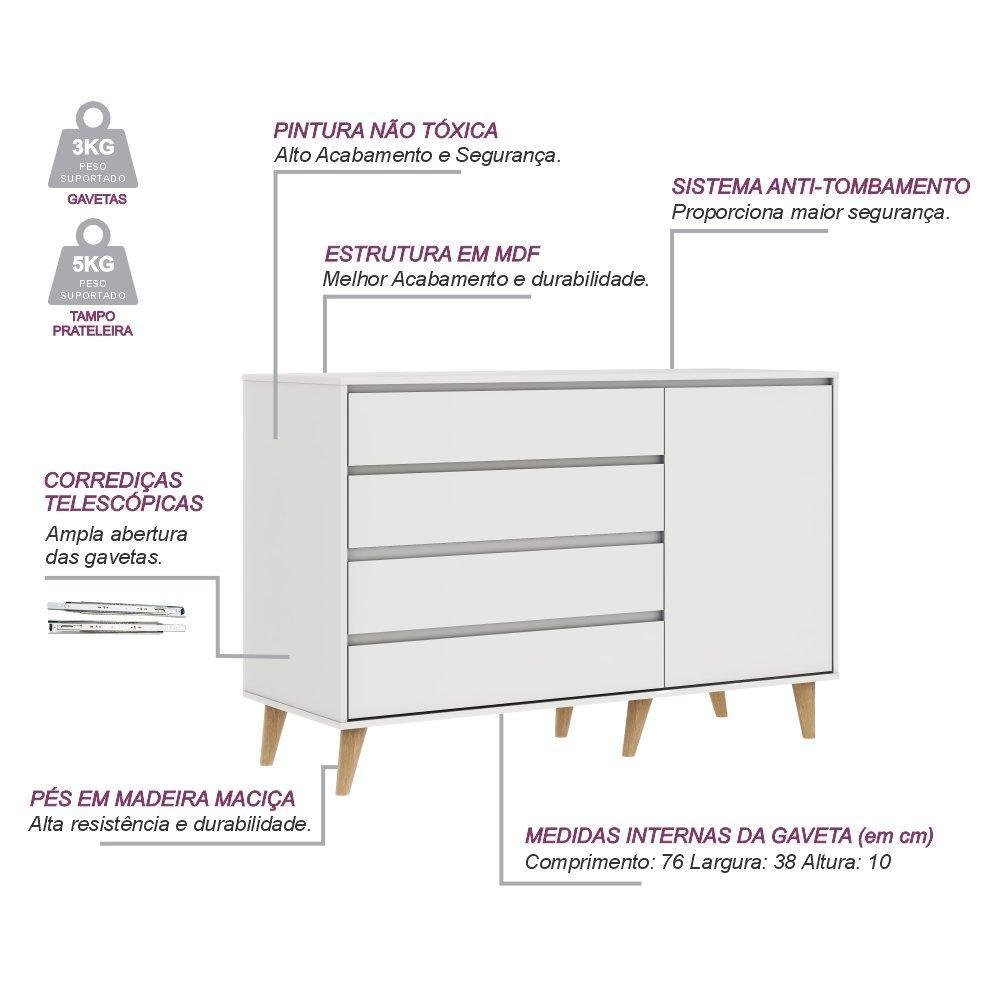 Quarto de Bebê Berço 3 em 1 Retrô Ludmila Cômoda com Fraldário Gran Lorena Off White Carolina - 4