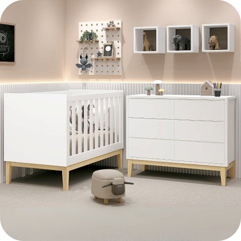 Quarto de Bebê Berço + Cômoda 6 Gvts Classic Branco Pés Madeira Natural