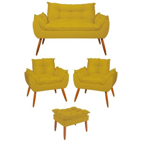Kit 02 Poltronas + Namoradeira + Puff Opala Balaqui Decor Cor:amarelo