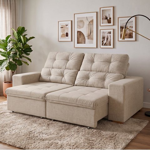 Sofá Torino Retrátil Reclinável 2m 3 Lugares Linho Conforto - Bege