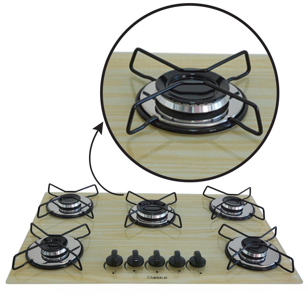 Fogão Cooktop Gás 5 Bocas Ultra Chama 127v/220 Amadeirado Claro Madeira Bege - 3