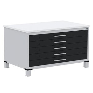Mapoteca 5 Gavetas Pandin 120 Cm (larg) Inmetro Tampo Mdp Branco Estrutura Aço Cinza Gavetas Pretas