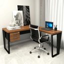 Ver imagem 1 de Mesa de Escritório Industrial em L com Gaveteiro Pés Metal Cor:nogal com Preto