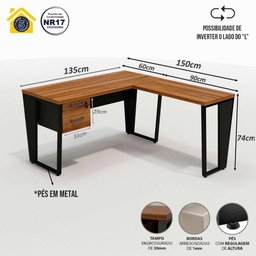 Mesa de Escritório Industrial em L com Gaveteiro Pés Metal Cor:nogal com Preto - 2