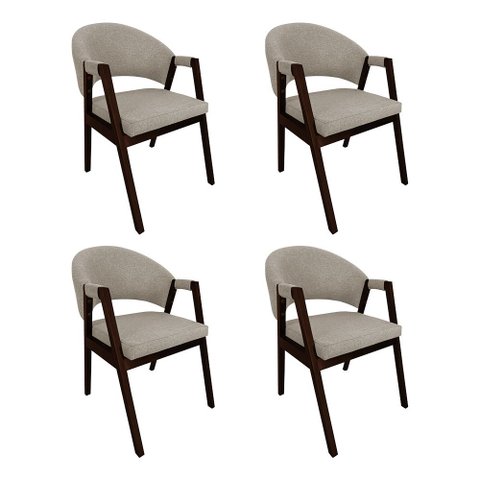 Kit 4 Cadeiras Helen para Sala de Jantar Madeira Maciça Castanho Premium Assento Linho - Bege