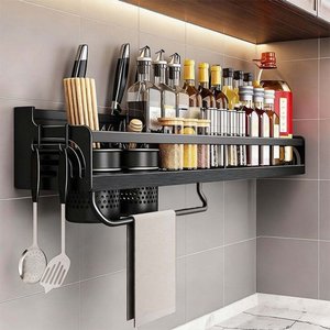 Prateleira Alumínio 60cm Cozinha Porta Faca Copos Ganchos Elashopp Preto