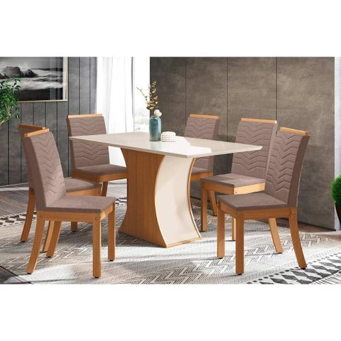 Conjunto: Mesa de Cozinha Luiza Tampo Madeirado C/ Vidro 160x90cm e 6 Cadeiras Isa Nature/suede