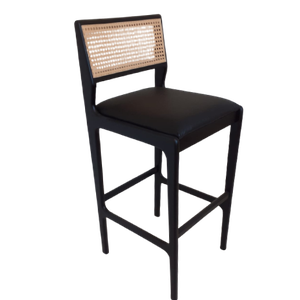 Banqueta em Madeira. Assento Estofado. Encosto Tela Sextavada. Cor Preta