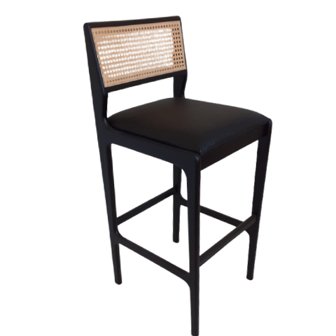 Banqueta em Madeira. Assento Estofado. Encosto Tela Sextavada. Cor Preta