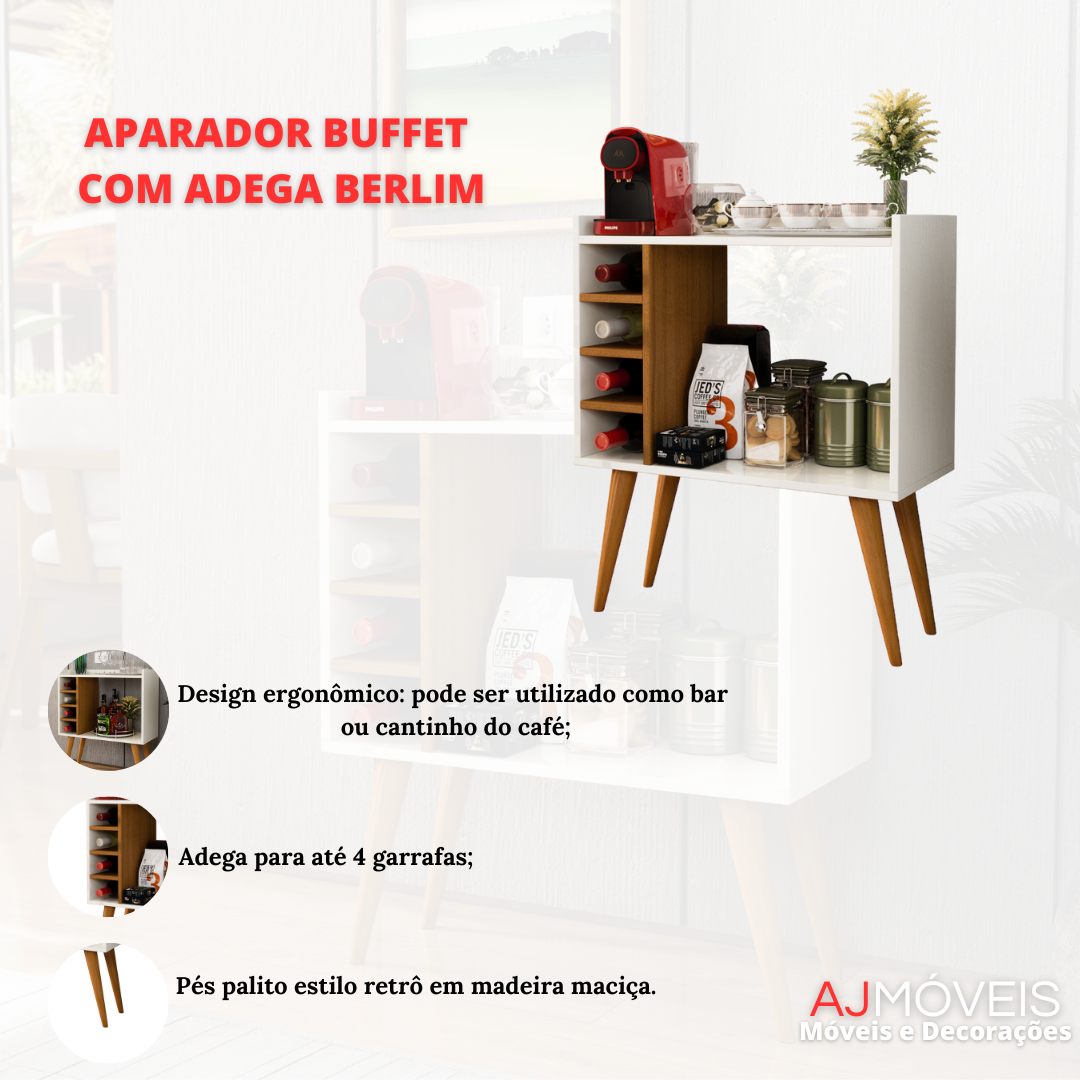 Aparador Buffet com Adega Bar Cantinho do Café Pés Palito Retrô Berlim - Off White com Freijó - 5