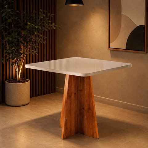Mesa de Jantar 4 Lugares Quadrada Tampo de Vidro Mel e Off White Tulipa