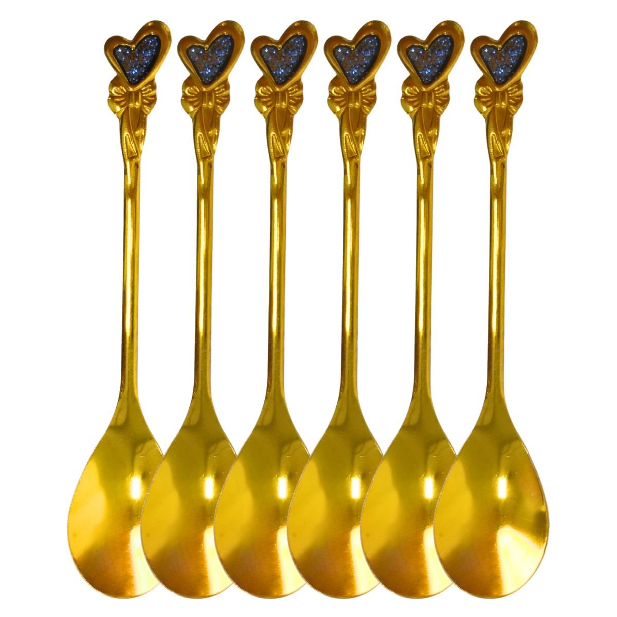 Jogo 6 Un Colher Sobremesa Luxo Design Moderno Dourado Gold 4215 Azul - 1