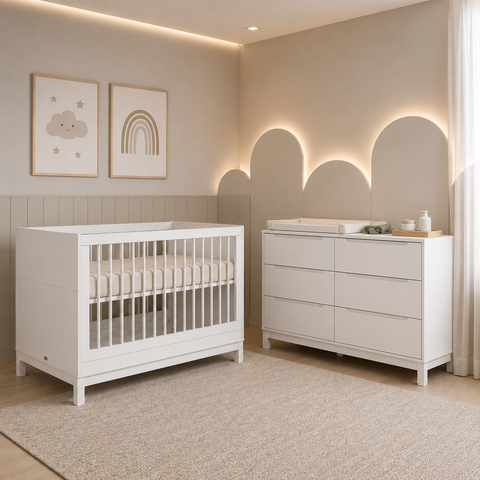 Berço e Cômoda Quarto Bebê de MDF Branco Fosco Linha Cozy Quater Móveis