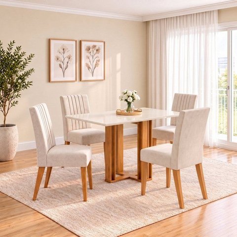 Conjunto Sala de Jantar Mesa Manu 120cm Tampo MDF Canto Reto 4 Cadeiras Lily