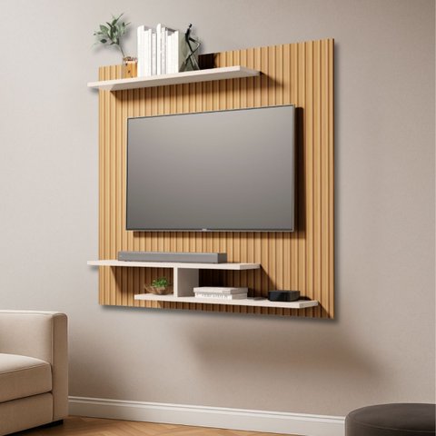 Painel Osiris Compacto com 3 Prateleiras Moderno Tvs até 32":ripado/branco