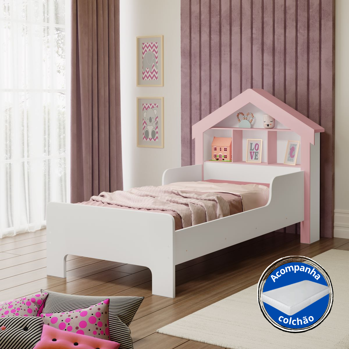 Cama Infantil Casinha Princesa com Colchão Solteiro 100% Mdf - 1