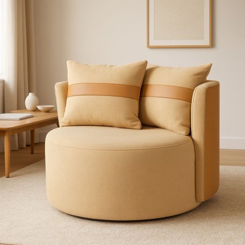 Poltrona Bege em Courino e Veludo Modelo Canadá C/ Duas Almofadas