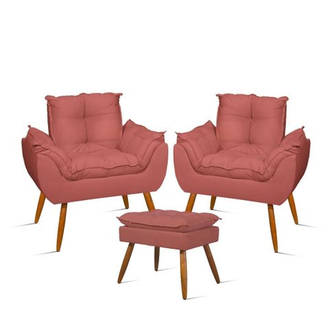 Kit Luxo 02 Poltronas Amamentação Suede + 1 Puff Pés Palito Cor:rosa