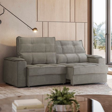 Sofá Retrátil e Reclinável 3 Lugares com Porta Copos 250cm Cobán Yescasa