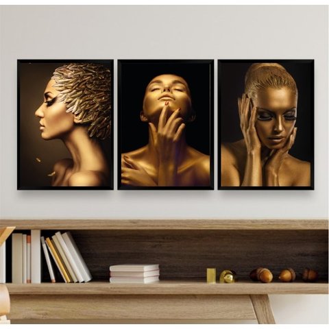 Kit 3 Quadros Decorativos Mulheres Douradas 33x24cm - com Vidro:madeira Preta