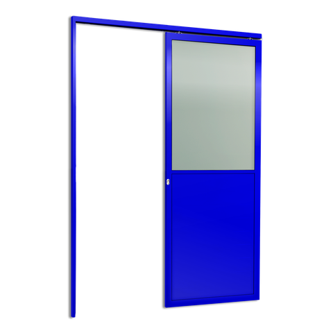 Porta de Correr Suspensa Meia Lambril Meia Vidro Esq L.25 Azul 210x70 Brimak
