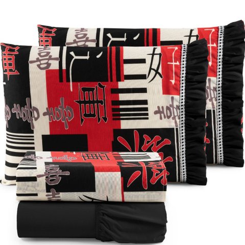 Jogo de Cama Lençol Casal 3 Peças 100% Algodão Percal 180 Fios Babadinho:Oriental Preto