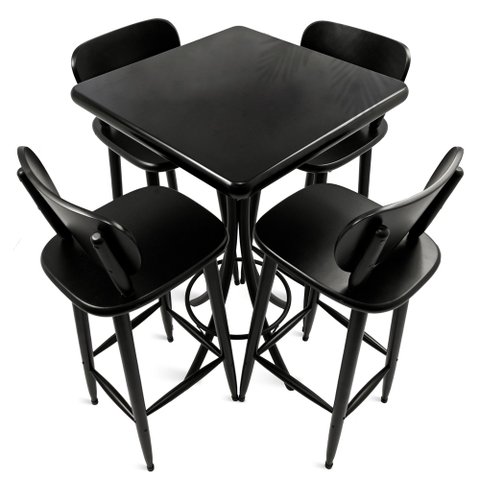 Cj Mesa Madeira 60x60cm - Bistrô Fixa 98cm + 4 Banquetas 73 - Preta - Liso
