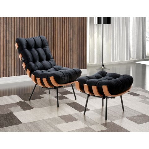 Poltrona Costela com Puff Coral Vivaro Decor Suede Preto