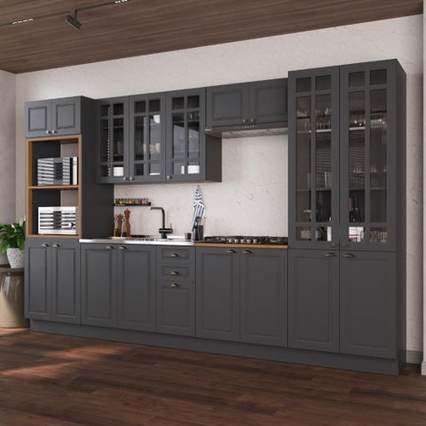 Armário de Cozinha Modulada Completa Fidelitá Nara 100% MDF 6 Peças 350cm 18 Portas 2 Gavetas sem