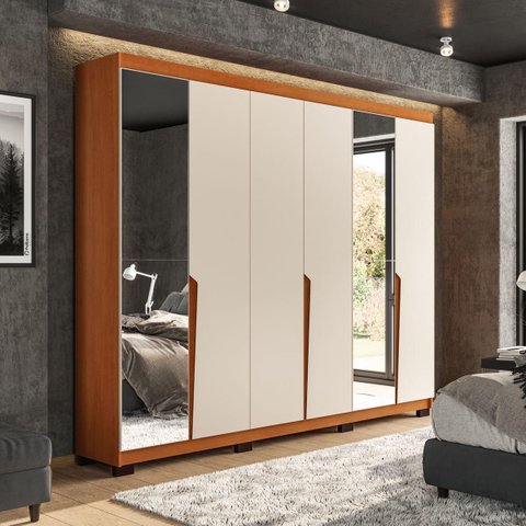 Roupeiro Casal Porto 6 Portas com Espelho 242x214cm Freijó/Creme 240848