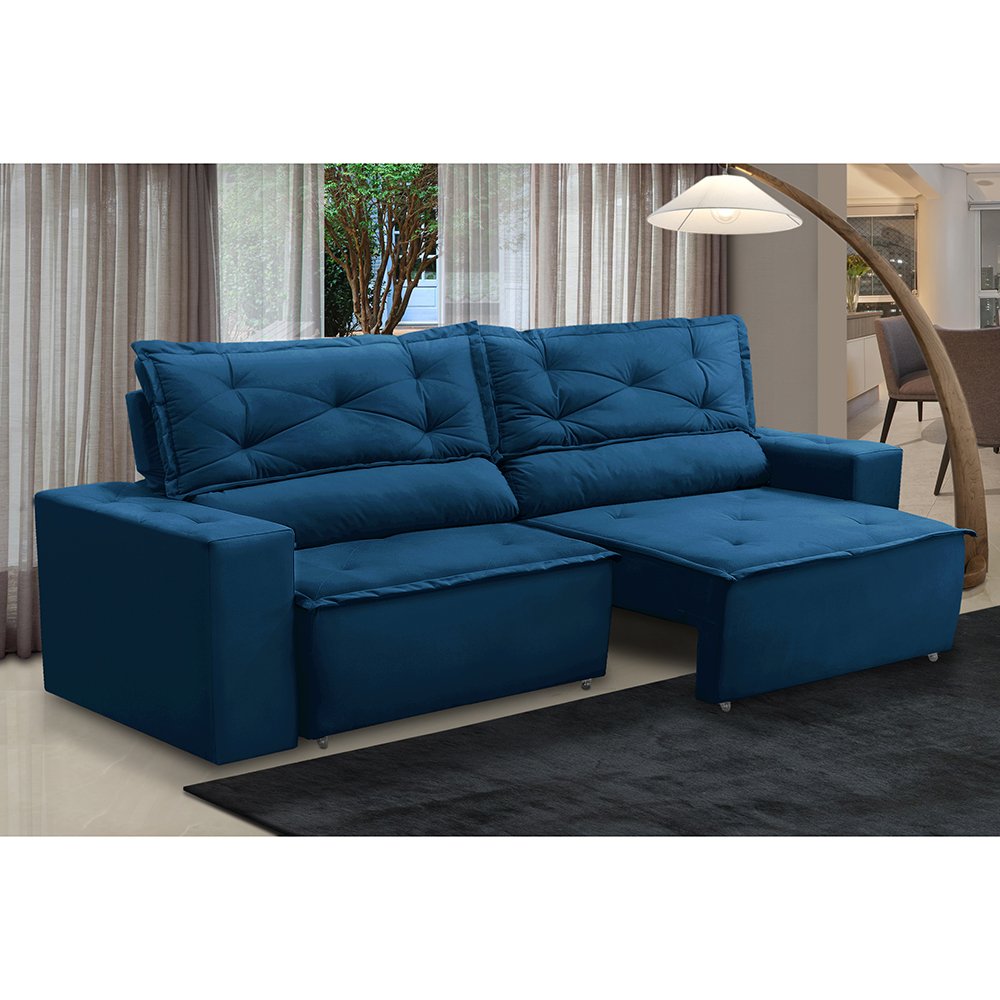 Sofá Retrátil e Reclinável 3 lugares com Molas 1,50m Laura Suede Azul Madelina - 1