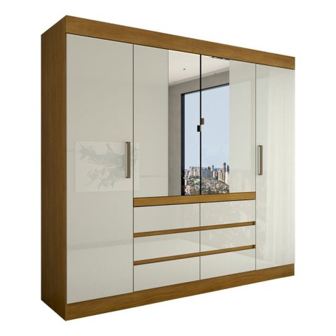 Guarda-Roupa Casal Dublin 4 Portas 6 Gavetas com Espelho Cinamomo/Off White - Panorama Móveis