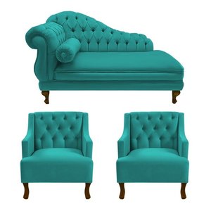 Divã Larissa 150 cm e 2 Poltronas Genesis Suede Azul Turquesa - LM DECOR