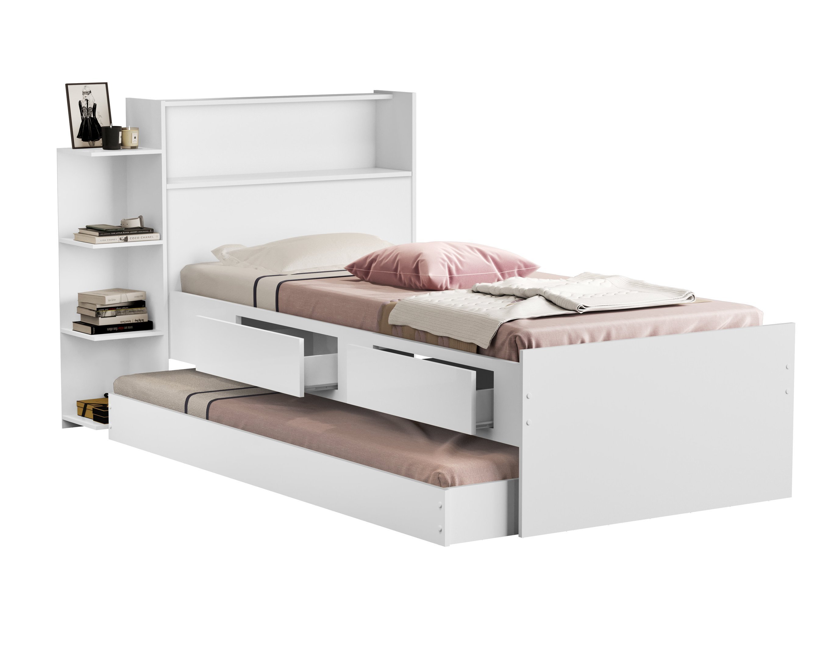 Cama Solteira com Bau + Cama Auxiliar Isa na Cor Branca