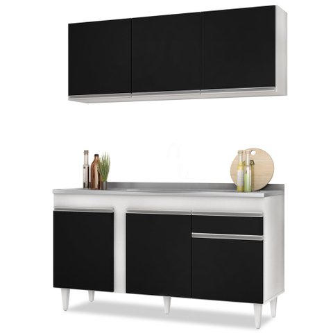 Armário Aéreo Argélia e Balcão Gabinete com Pia Inox 150cm Dakota Branco/Preto - Lumil Lumil Móveis 