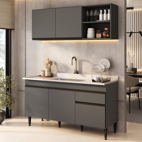 Armário Cozinha Modulada Compacta com Pia 150cm Milano Multimóveis MCR2474 Grafite/Creme