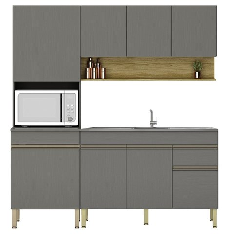 Armário de Cozinha 4 Peças Balcão 150cm com Pia Lina19 K02 Gris/freijó - Mpozenato