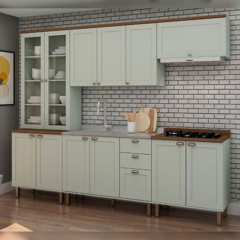 Cozinha Modulada Cristal Provençal 280 Cm Conjunto Completo Cor:mint com Ébano
