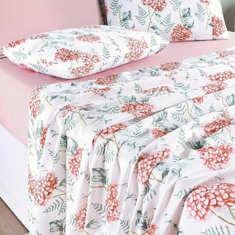 Jogo Cama Lençol Maris King Percalle 200 Fios Estampado 4 Peças Hortênsia Salmão