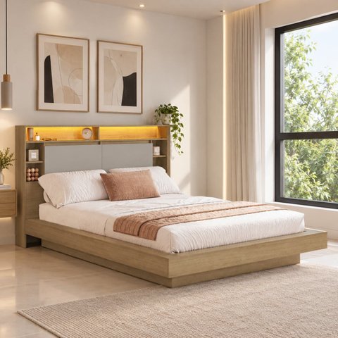Cama Queen/Casal com Cabeceira e Nicho com LED Móvel na Caixa